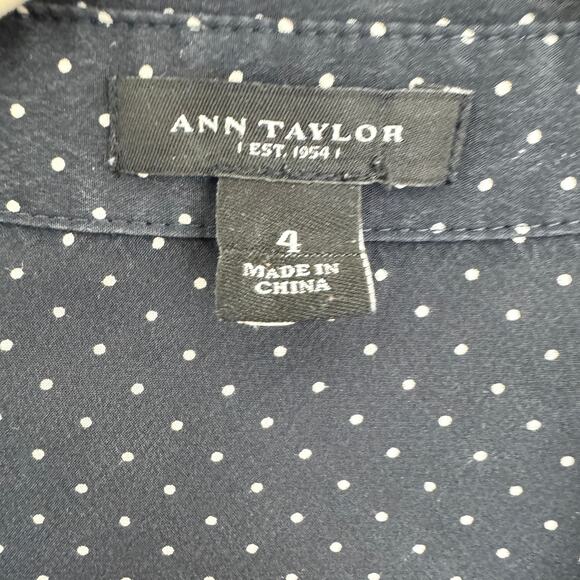 Ann Taylor Womens Button Front Shirt Size 4 Silk Blend Polka Dot Career Blue - Picture 2 of 7